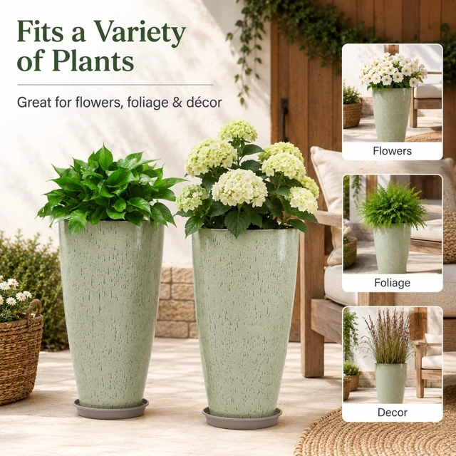 Alt view image 7 of 7 - Set of 2 Tall Planter, 21 inch Large Plastic Planter, Drip Glaze | Ceramic-Look, Lightweight, Built-in Drain Hole, Saucers, Tall Outdoor Planter for Porch, Garden, Patio, Balcony