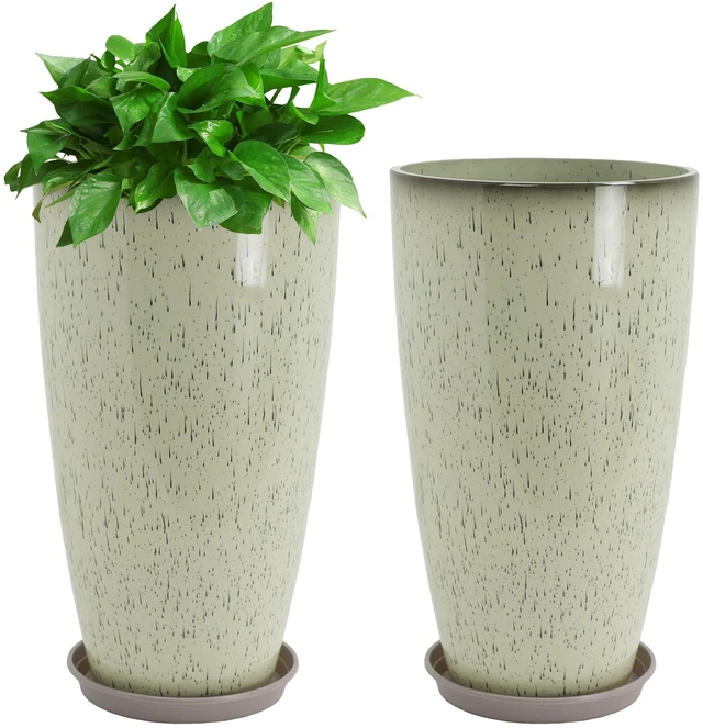 Main image of Set of 2 Tall Planter, 21 inch Large Plastic Planter, Drip Glaze | Ceramic-Look, Lightweight, Built-in Drain Hole, Saucers, Tall Outdoor Planter for Porch, Garden, Patio, Balcony