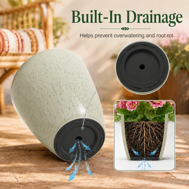Alt view image 6 of 7 - Set of 2 Tall Planter, 21 inch Large Plastic Planter, Drip Glaze | Ceramic-Look, Lightweight, Built-in Drain Hole, Saucers, Tall Outdoor Planter for Porch, Garden, Patio, Balcony