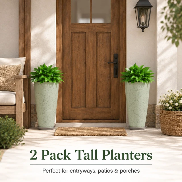 Alt view image 4 of 7 - Set of 2 Tall Planter, 21 inch Large Plastic Planter, Drip Glaze | Ceramic-Look, Lightweight, Built-in Drain Hole, Saucers, Tall Outdoor Planter for Porch, Garden, Patio, Balcony