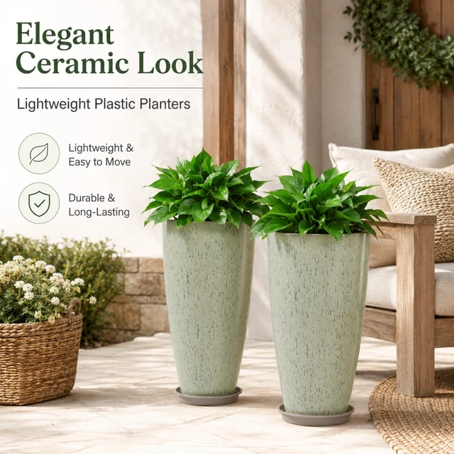 Alt view image 2 of 7 - Set of 2 Tall Planter, 21 inch Large Plastic Planter, Drip Glaze | Ceramic-Look, Lightweight, Built-in Drain Hole, Saucers, Tall Outdoor Planter for Porch, Garden, Patio, Balcony