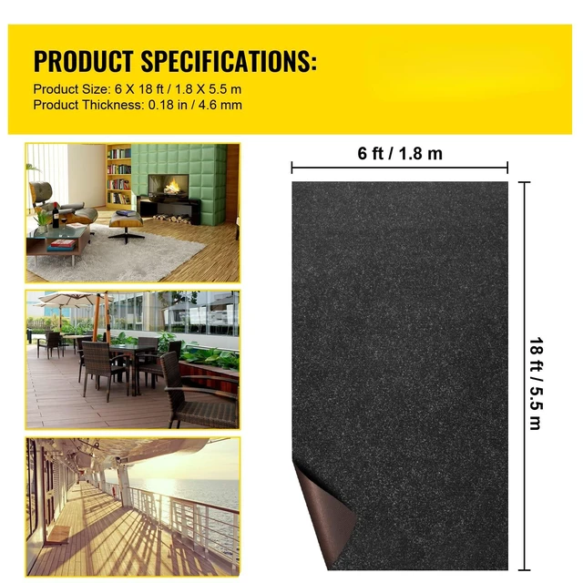 Alt view image 7 of 7 - 6 ft x 18 ft Charcoal Black Marine Carpet for Boats Waterproof - 0.18" Thick Indoor Outdoor Rug Carpet Roll for Home Patio Porch Deck