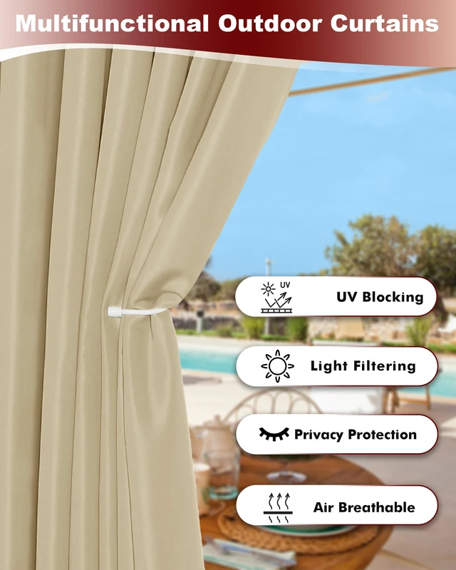 Alt view image 3 of 7 - Grommet Outdoor Curtains for Patio Waterproof 8 Pcs 54x108 In Cream | Weatherproof Balcony Outside Curtains, Poolside Privacy Blind Shade For Apartments, Gazebo, Pergolas, Porch