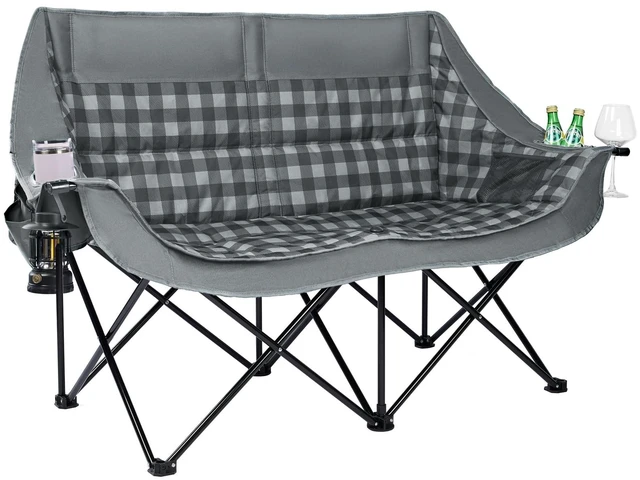 Main image of Double Camping Chair 2 Person Loveseat, 800LBS Heavy Duty Chair, Plaid | Padded Camping Couch, Portable Folding XL Camp Chair, 600D Oxford Fabric, Cup Holder, Side Pocket, Lawn Chair, Beach, Fishing