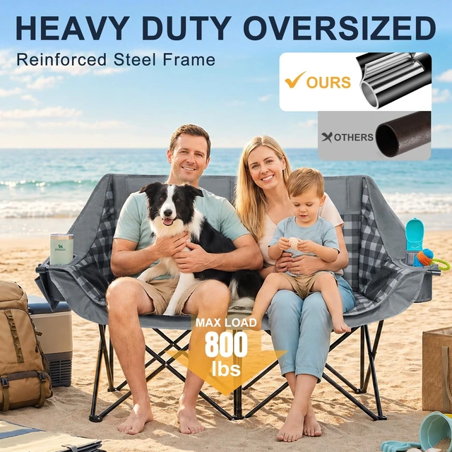 Alt view image 2 of 7 - Double Camping Chair 2 Person Loveseat, 800LBS Heavy Duty Chair, Plaid | Padded Camping Couch, Portable Folding XL Camp Chair, 600D Oxford Fabric, Cup Holder, Side Pocket, Lawn Chair, Beach, Fishing