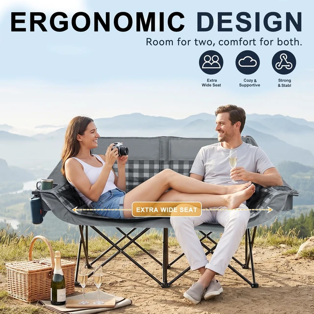 Alt view image 3 of 7 - Double Camping Chair 2 Person Loveseat, 800LBS Heavy Duty Chair, Plaid | Padded Camping Couch, Portable Folding XL Camp Chair, 600D Oxford Fabric, Cup Holder, Side Pocket, Lawn Chair, Beach, Fishing
