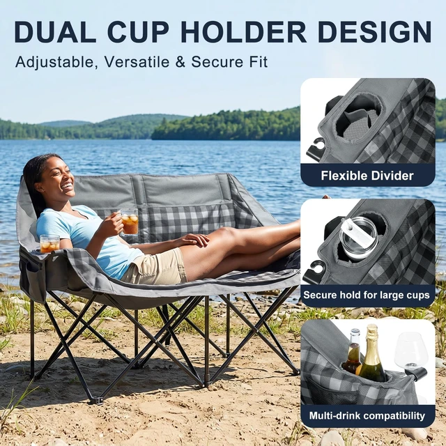 Alt view image 5 of 7 - Double Camping Chair 2 Person Loveseat, 800LBS Heavy Duty Chair, Plaid | Padded Camping Couch, Portable Folding XL Camp Chair, 600D Oxford Fabric, Cup Holder, Side Pocket, Lawn Chair, Beach, Fishing