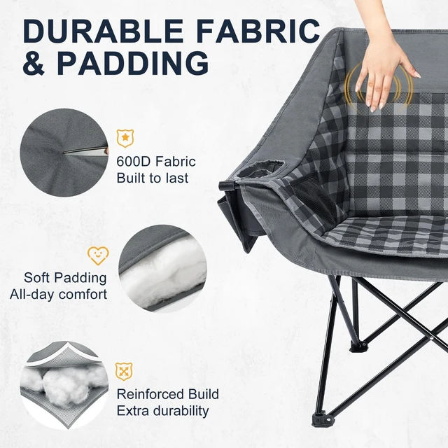 Alt view image 4 of 7 - Double Camping Chair 2 Person Loveseat, 800LBS Heavy Duty Chair, Plaid | Padded Camping Couch, Portable Folding XL Camp Chair, 600D Oxford Fabric, Cup Holder, Side Pocket, Lawn Chair, Beach, Fishing