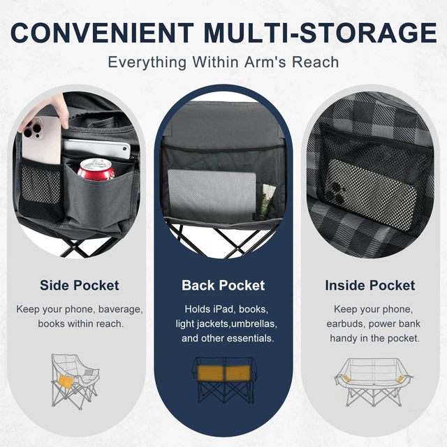 Alt view image 6 of 7 - Double Camping Chair 2 Person Loveseat, 800LBS Heavy Duty Chair, Plaid | Padded Camping Couch, Portable Folding XL Camp Chair, 600D Oxford Fabric, Cup Holder, Side Pocket, Lawn Chair, Beach, Fishing