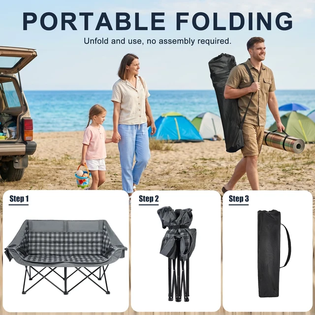 Alt view image 7 of 7 - Double Camping Chair 2 Person Loveseat, 800LBS Heavy Duty Chair, Plaid | Padded Camping Couch, Portable Folding XL Camp Chair, 600D Oxford Fabric, Cup Holder, Side Pocket, Lawn Chair, Beach, Fishing