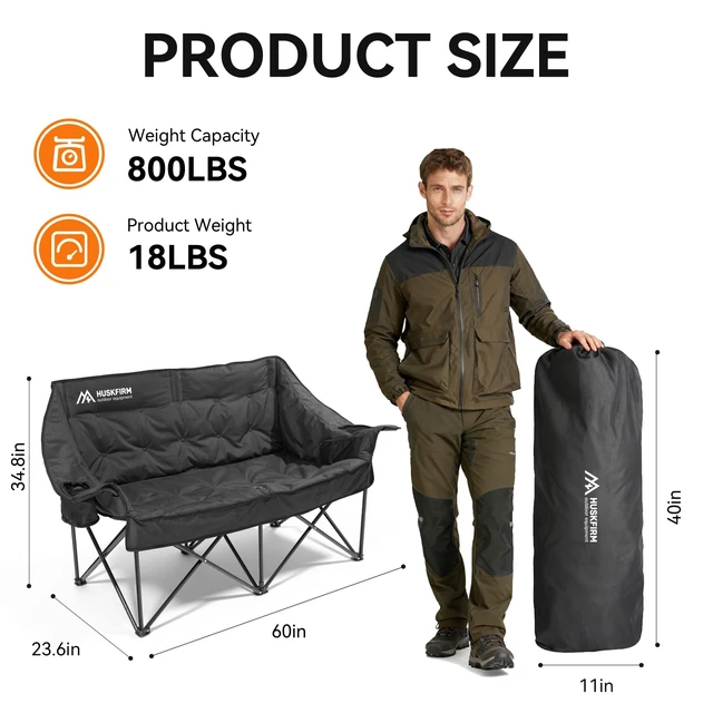 Alt view image 7 of 7 - Oversized Double Camping Chair, Support 800LBS, Black | Heavy Duty 2 Person Camping Chair, Padded Camping Couch with Cup Holders