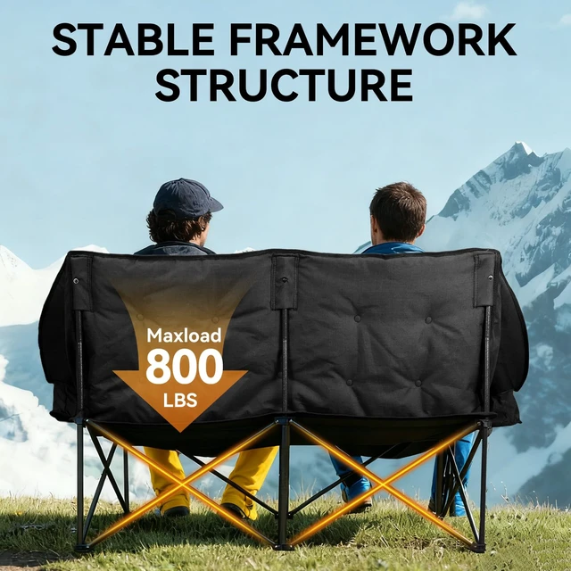 Alt view image 3 of 7 - Oversized Double Camping Chair, Support 800LBS, Black | Heavy Duty 2 Person Camping Chair, Padded Camping Couch with Cup Holders