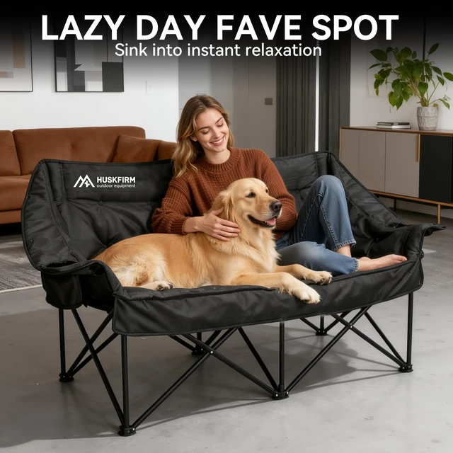 Alt view image 2 of 7 - Oversized Double Camping Chair, Support 800LBS, Black | Heavy Duty 2 Person Camping Chair, Padded Camping Couch with Cup Holders