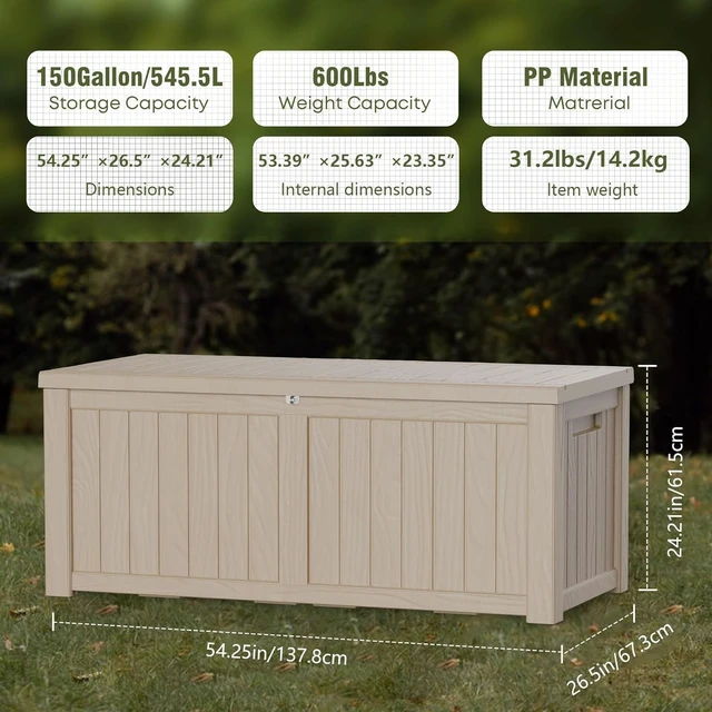 Alt view image 3 of 7 - 150 Gallon Outdoor Storage Box Patio Deck Box Waterproof, Resin Lockable Outside Large Storage Bin for Pool Cushion Furniture, Garden Tools UV-Resistant, Grey