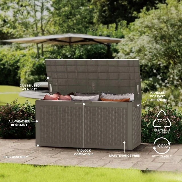 Alt view image 6 of 7 - 150 Gallon Outdoor Storage Box Patio Deck Box Waterproof, Resin Lockable Outside Large Storage Bin for Pool Cushion Furniture, Garden Tools UV-Resistant, Grey
