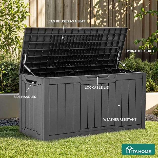 Alt view image 3 of 7 - 80 Gallon Resin Deck Box | Weather Resistant Outdoor Storage Box, Lockable Indoor Outdoor Storage for Supplies and Essentials, Dark Gray