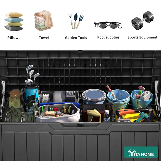 Alt view image 4 of 7 - 80 Gallon Resin Deck Box | Weather Resistant Outdoor Storage Box, Lockable Indoor Outdoor Storage for Supplies and Essentials, Dark Gray