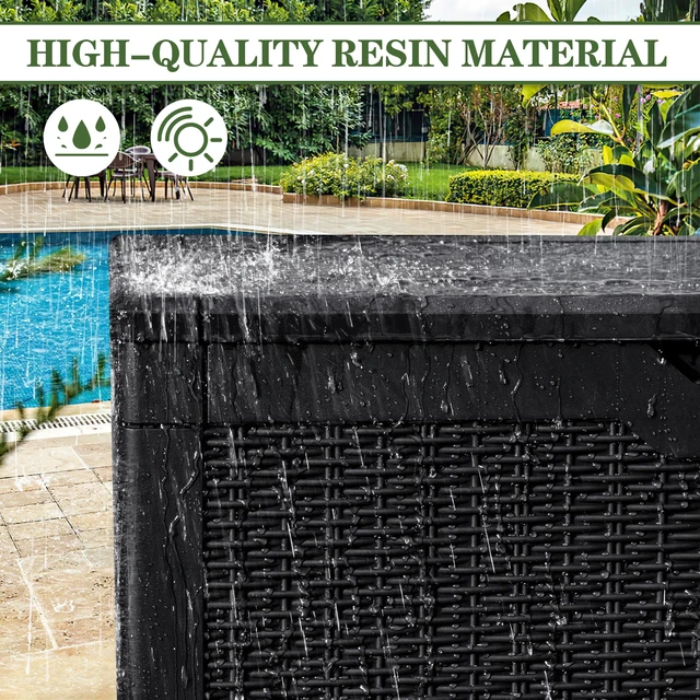 Alt view image 5 of 7 - 100 Gallon Resin Deck Box Large Outdoor Storage, Imitation Rattan Weave Texture for Patio Furniture, Garden Tools, Pool Supplies, Weatherproof and UV Resistant, Lockable, Dark Black