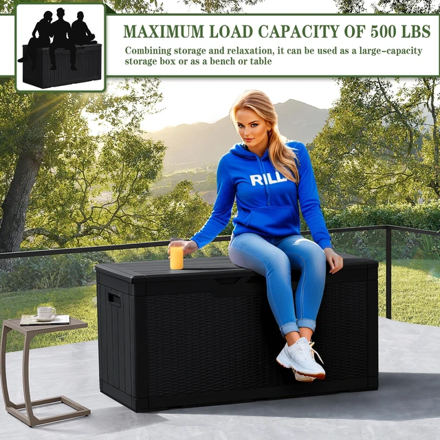 Alt view image 4 of 7 - 100 Gallon Resin Deck Box Large Outdoor Storage, Imitation Rattan Weave Texture for Patio Furniture, Garden Tools, Pool Supplies, Weatherproof and UV Resistant, Lockable, Dark Black