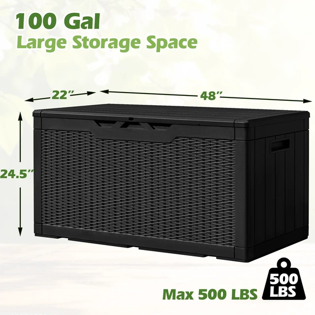 Alt view image 7 of 7 - 100 Gallon Resin Deck Box Large Outdoor Storage, Imitation Rattan Weave Texture for Patio Furniture, Garden Tools, Pool Supplies, Weatherproof and UV Resistant, Lockable, Dark Black