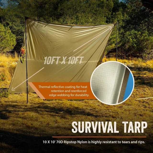Alt view image 3 of 7 - Emergency Camping Tarp, Waterproof 10x10 Emergency Shelter for Backpacking and Hiking, 70D Ripstop Nylon Survival Tarp with Reflective Aluminized Polymer and Loop Ties with Grommets