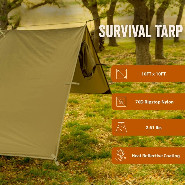 Alt view image 4 of 7 - Emergency Camping Tarp, Waterproof 10x10 Emergency Shelter for Backpacking and Hiking, 70D Ripstop Nylon Survival Tarp with Reflective Aluminized Polymer and Loop Ties with Grommets