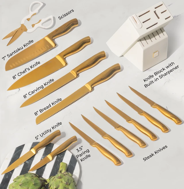 Alt view image 2 of 6 - Gold Knife Set with Block and Sharpener, 14-Piece | Full Tang Titanium-Coated Stainless Steel Gold Knives and White Knife Block with Built-In Sharpener, Gold Kitchen Accessories