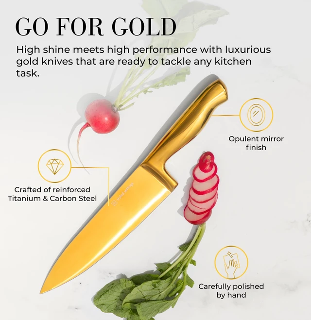 Alt view image 4 of 6 - Gold Knife Set with Block and Sharpener, 14-Piece | Full Tang Titanium-Coated Stainless Steel Gold Knives and White Knife Block with Built-In Sharpener, Gold Kitchen Accessories