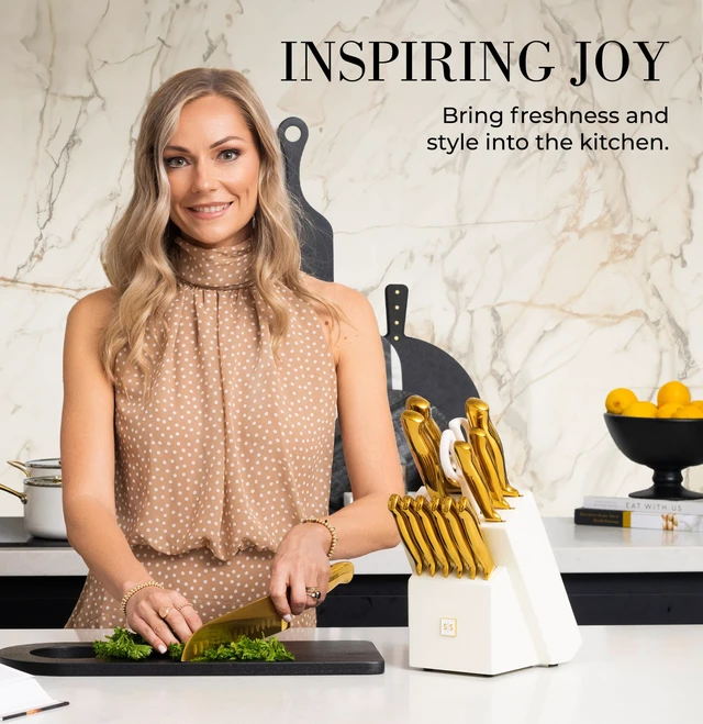 Alt view image 3 of 6 - Gold Knife Set with Block and Sharpener, 14-Piece | Full Tang Titanium-Coated Stainless Steel Gold Knives and White Knife Block with Built-In Sharpener, Gold Kitchen Accessories