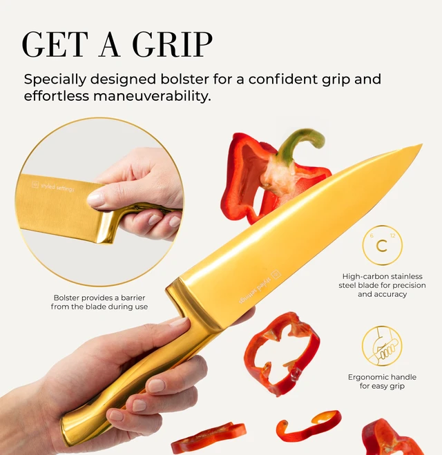 Alt view image 6 of 6 - Gold Knife Set with Block and Sharpener, 14-Piece | Full Tang Titanium-Coated Stainless Steel Gold Knives and White Knife Block with Built-In Sharpener, Gold Kitchen Accessories