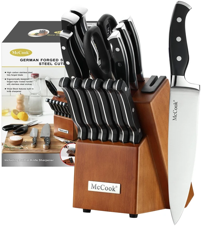 Main image of Kitchen Knife Set 15PC Knife Block Set w Built-in Sharpener | German Forged Stainless Steel,Razor Sharp,Non-Stick&Anti-Rust,Triple Rivet,Ergonomic Handles,Full Tang,Gift Box