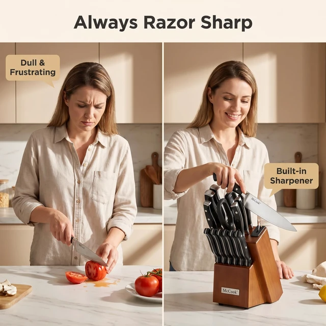 Alt view image 3 of 7 - Kitchen Knife Set 15PC Knife Block Set w Built-in Sharpener | German Forged Stainless Steel,Razor Sharp,Non-Stick&Anti-Rust,Triple Rivet,Ergonomic Handles,Full Tang,Gift Box