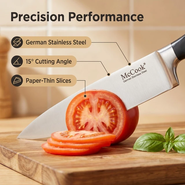 Alt view image 4 of 7 - Kitchen Knife Set 15PC Knife Block Set w Built-in Sharpener | German Forged Stainless Steel,Razor Sharp,Non-Stick&Anti-Rust,Triple Rivet,Ergonomic Handles,Full Tang,Gift Box