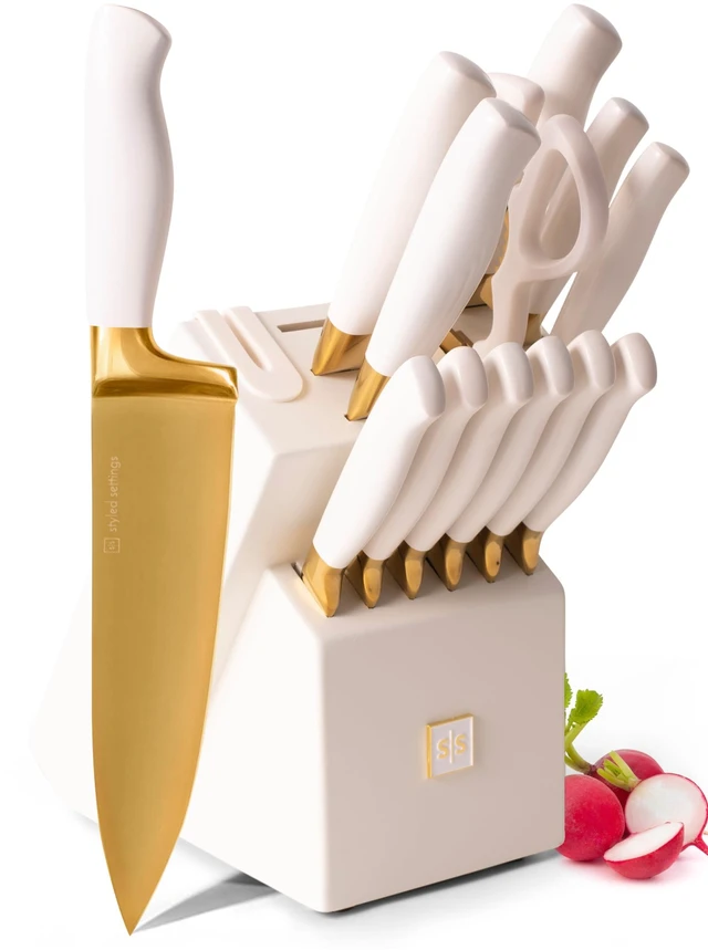 Main image of White and Gold Knife Set with Block and Sharpener 14-Piece | High Carbon Stainless Steel Titanium Coated Gold Kitchen Knives with Block and Sharpener Built-In, Gold Kitchen Accessories