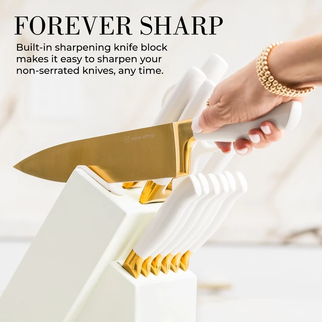 Alt view image 3 of 7 - White and Gold Knife Set with Block and Sharpener 14-Piece | High Carbon Stainless Steel Titanium Coated Gold Kitchen Knives with Block and Sharpener Built-In, Gold Kitchen Accessories