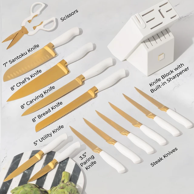Alt view image 4 of 7 - White and Gold Knife Set with Block and Sharpener 14-Piece | High Carbon Stainless Steel Titanium Coated Gold Kitchen Knives with Block and Sharpener Built-In, Gold Kitchen Accessories