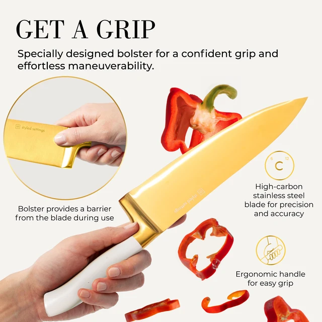 Alt view image 6 of 7 - White and Gold Knife Set with Block and Sharpener 14-Piece | High Carbon Stainless Steel Titanium Coated Gold Kitchen Knives with Block and Sharpener Built-In, Gold Kitchen Accessories