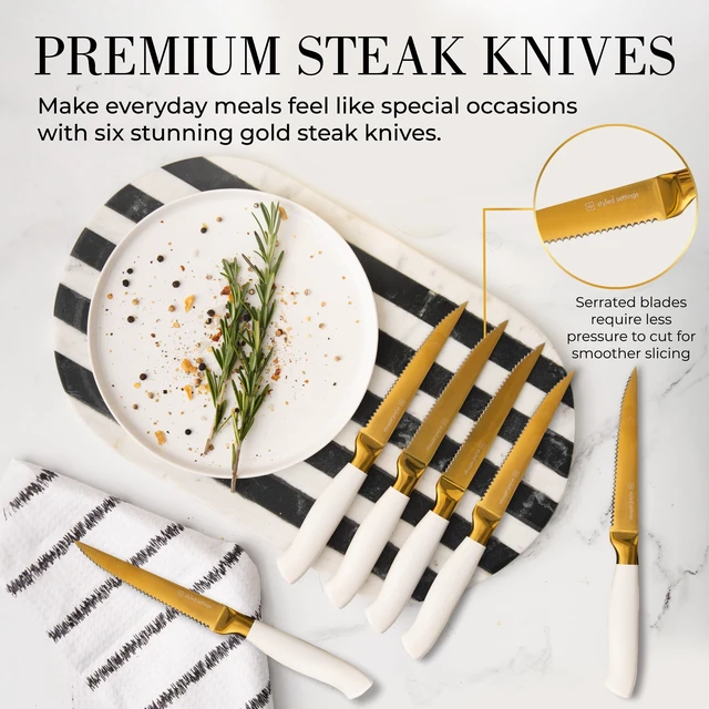 Alt view image 7 of 7 - White and Gold Knife Set with Block and Sharpener 14-Piece | High Carbon Stainless Steel Titanium Coated Gold Kitchen Knives with Block and Sharpener Built-In, Gold Kitchen Accessories