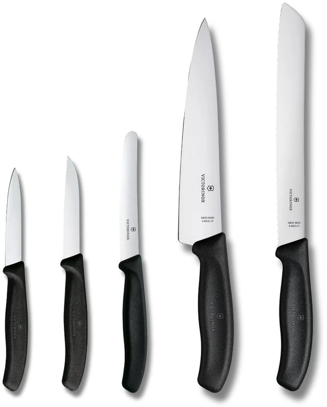 Main image of Swiss Classic Kitchen Set, 5 Pieces - Utility & Bread Knives | Durable ergonomic set with paring, carving, and bread knives. Made in Switzerland, dishwasher safe, and black handles.