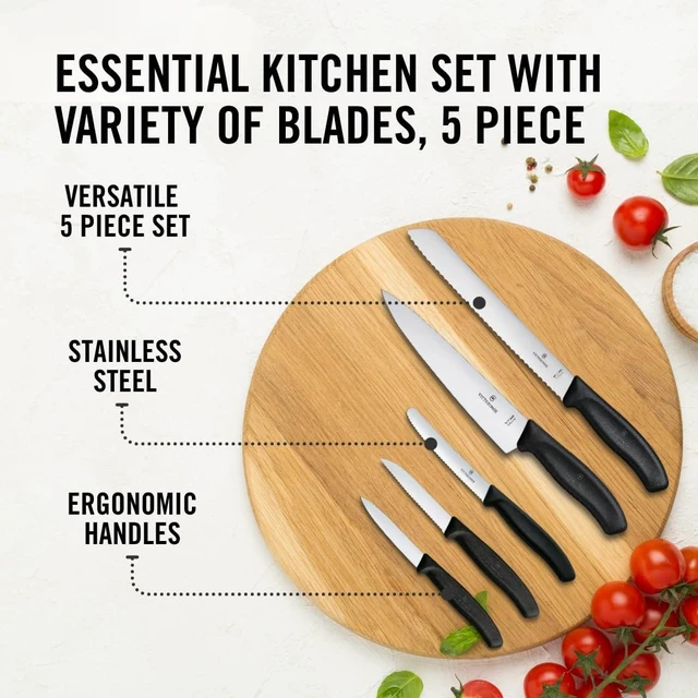 Alt view image 3 of 6 - Swiss Classic Kitchen Set, 5 Pieces - Utility & Bread Knives | Durable ergonomic set with paring, carving, and bread knives. Made in Switzerland, dishwasher safe, and black handles.