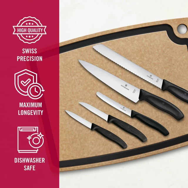 Alt view image 4 of 6 - Swiss Classic Kitchen Set, 5 Pieces - Utility & Bread Knives | Durable ergonomic set with paring, carving, and bread knives. Made in Switzerland, dishwasher safe, and black handles.