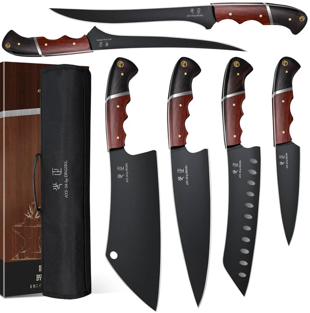 Main image of Kitchen Knife Set with Bag - 6 PCS Chef Knife Set with Wooden Handle | Japanese ATS-34 Steel, Full Tang, Ergonomic Walnut Handle, Precision Cutting, Gift Box