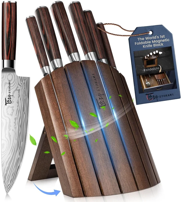 Main image of 2026 Upgrade Kitchen Knife Set, Foldable Magnetic Acacia Wood Block | Japanese Style 7-Piece High Carbon Stainless Steel Chef Knife Set, Full Tang Wood Handle, Damascus Pattern, Ideal for Gift