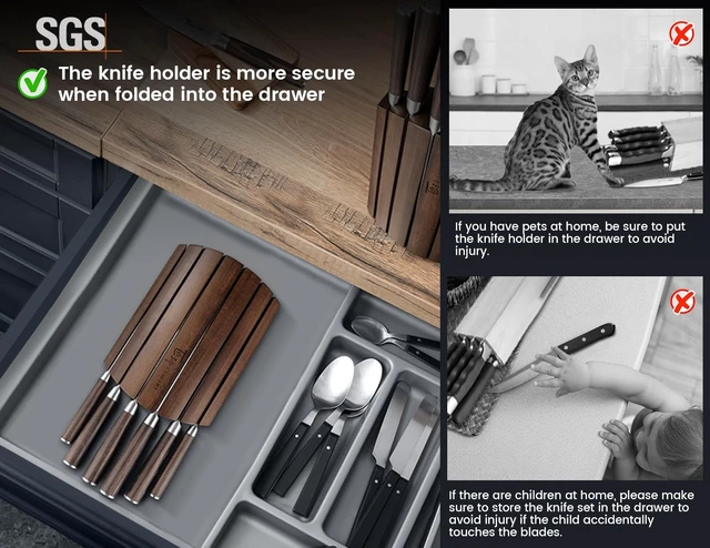 Alt view image 3 of 7 - 2026 Upgrade Kitchen Knife Set, Foldable Magnetic Acacia Wood Block | Japanese Style 7-Piece High Carbon Stainless Steel Chef Knife Set, Full Tang Wood Handle, Damascus Pattern, Ideal for Gift