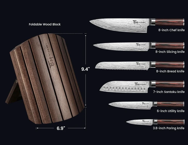 Alt view image 7 of 7 - 2026 Upgrade Kitchen Knife Set, Foldable Magnetic Acacia Wood Block | Japanese Style 7-Piece High Carbon Stainless Steel Chef Knife Set, Full Tang Wood Handle, Damascus Pattern, Ideal for Gift