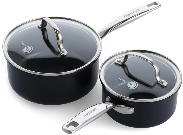 Main image of Prime Chatham 1QT & 2QT Saucepan Pot Set with Glass Lids, Hard Anodized Diamond Infused Ceramic Nonstick, PFAS-Free, Dishwasher Safe, Oven Safe, Multipurpose Chefs Pan, Stay-Cool Handle,Black
