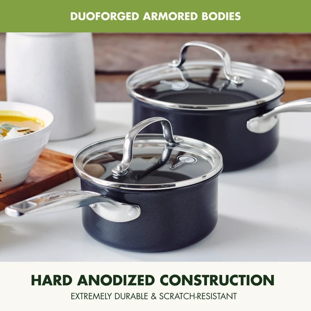 Alt view image 2 of 5 - Prime Chatham 1QT & 2QT Saucepan Pot Set with Glass Lids, Hard Anodized Diamond Infused Ceramic Nonstick, PFAS-Free, Dishwasher Safe, Oven Safe, Multipurpose Chefs Pan, Stay-Cool Handle,Black