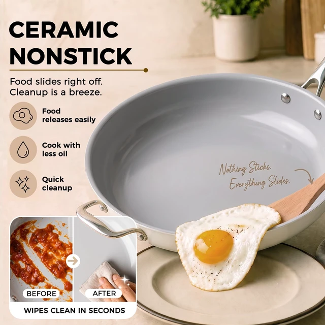 Alt view image 3 of 7 - 14 INCH Ceramic Nonstick Deep Frying Pan with Lid, 6 QT Family Size | PFAS Free Non Toxic Saute Pan; Induction Ready; with Tempered Glass Lid, Stay Cool Handle; Dishwasher & Oven Safe to 536°F