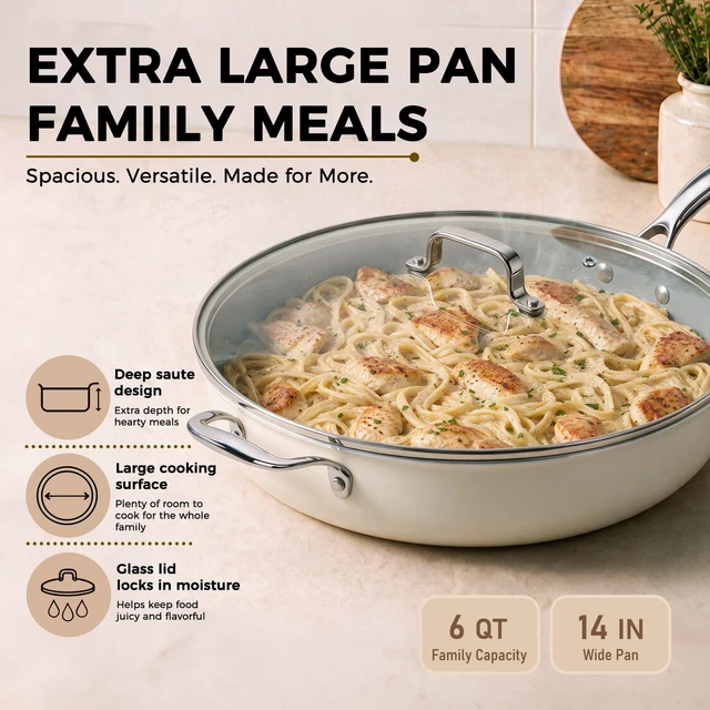 Alt view image 2 of 7 - 14 INCH Ceramic Nonstick Deep Frying Pan with Lid, 6 QT Family Size | PFAS Free Non Toxic Saute Pan; Induction Ready; with Tempered Glass Lid, Stay Cool Handle; Dishwasher & Oven Safe to 536°F