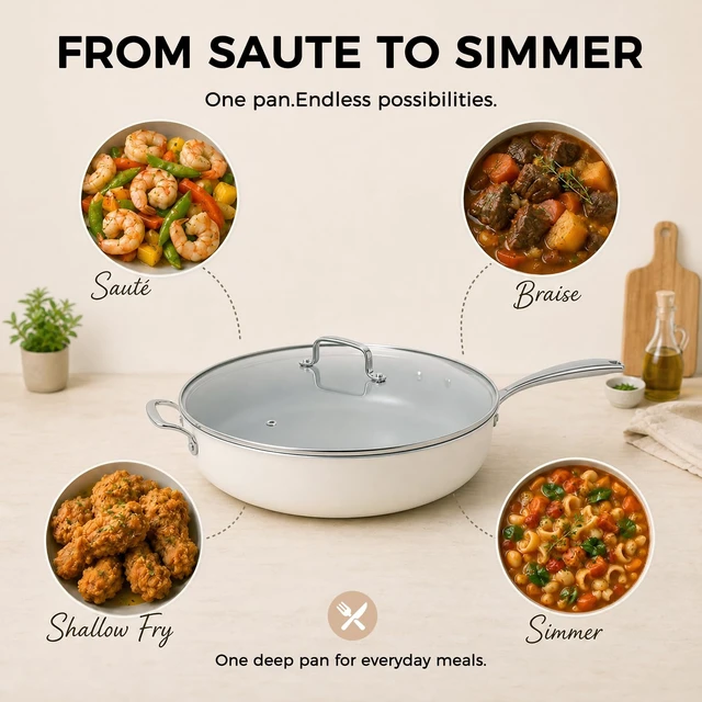 Alt view image 6 of 7 - 14 INCH Ceramic Nonstick Deep Frying Pan with Lid, 6 QT Family Size | PFAS Free Non Toxic Saute Pan; Induction Ready; with Tempered Glass Lid, Stay Cool Handle; Dishwasher & Oven Safe to 536°F